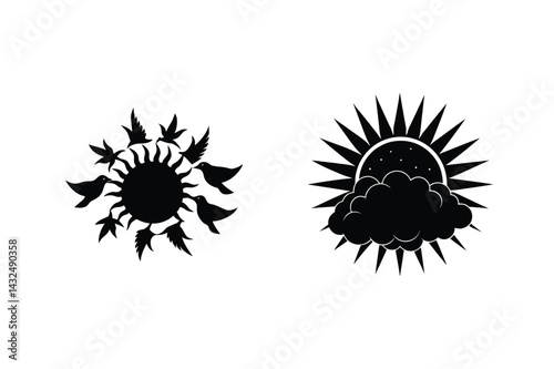 Black Vector Illustration Of Sun With Birds And Sun Behind Clouds Set