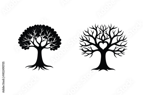 Two Silhouette Trees With Heart Shape Vector Art Illustration Design Element