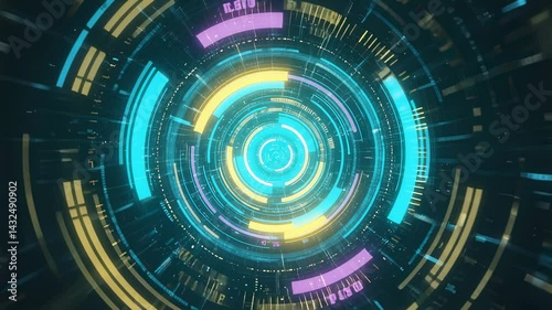 Abstract futuristic HUD with glowing circular elements and data streams, creating a dynamic and technological visual experience