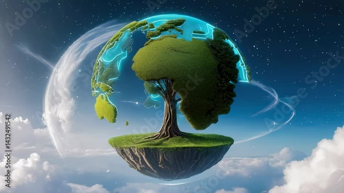 Surreal floating Earth with tree, digital art