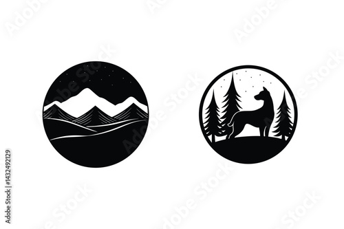Silhouette Mountain Landscape And Dog In Forest Logos Vector Illustration Isolated