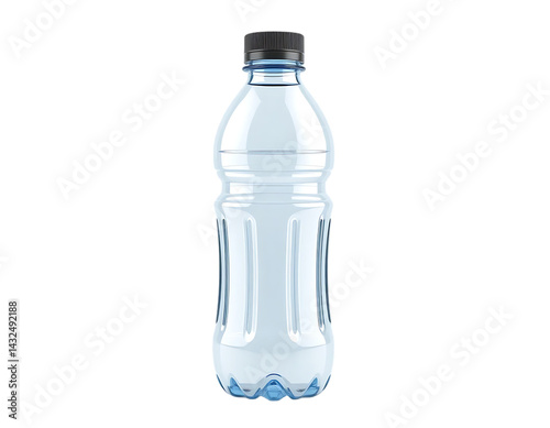 A transparent plastic water bottle with a black cap