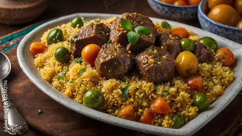 Ultra HD image of an Algerian couscous dish with vegetables and lamb stew