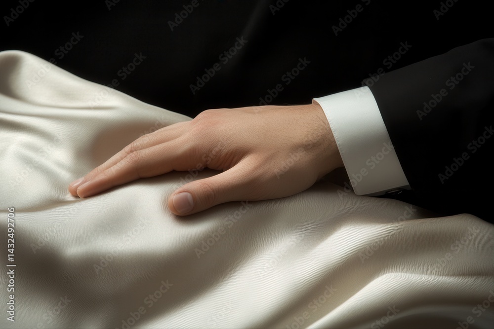 Elegant hand resting on luxurious silk fabric, showcasing fine details and textures Elegant hand resting on luxurious silk fabric, showcasing fine details and textures