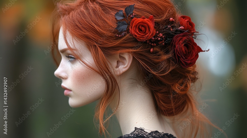 Naklejka premium Woman with red hair and floral headpiece