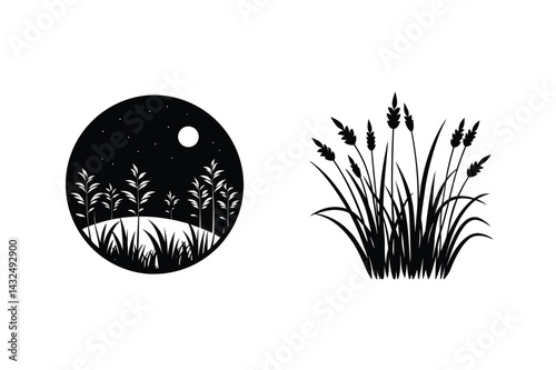 Reed Grass Silhouette Design With Moonlight And Stars Vector Illustration Set