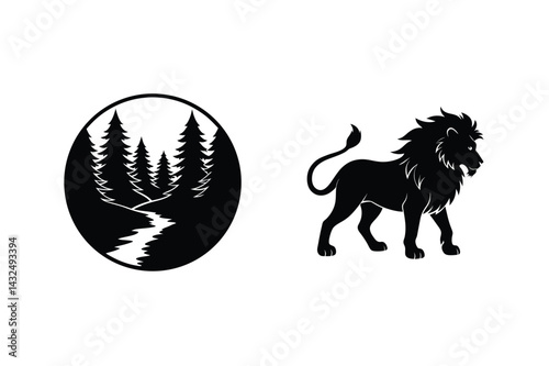 Majestic Lion Silhouette Alongside Circular Forest Landscape Icon Design Graphic
