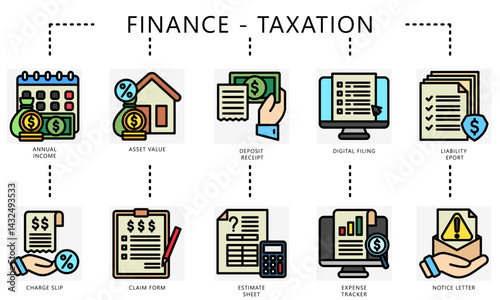 Taxation outline color set. Contain annual income, deposit, charge, slip, liability, notice, form, expense tracker, filling and more. Vector for UI, UX kit, digital, print, web and app development.
