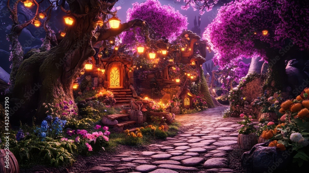 Fototapeta premium A mystical, enchanted village nestled amongst glowing trees.