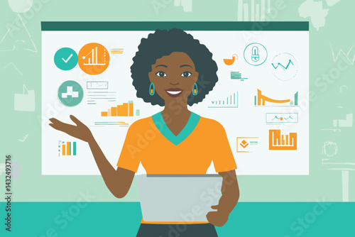 African woman leading a workshop in front of a whiteboard with business strategy icons vector illustration