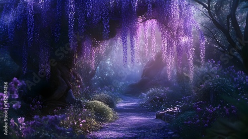 A spectacular display of violet wisteria flowers bloom from the gnarled old trees, with soft beams of light spreading like mist beneath them.