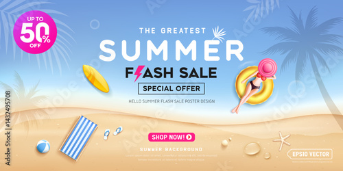 Summer sale, woman sunbathing round float, coconut tree silhouette, surfboard, beach bed on island beach sea blue background banner
