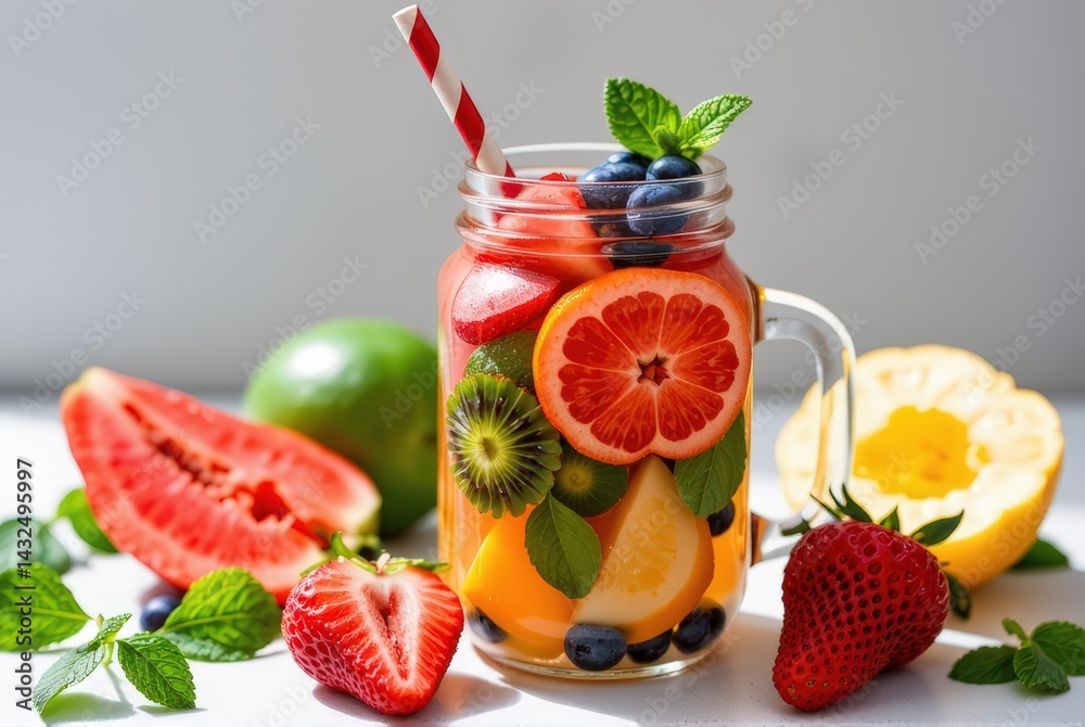 Fruit infused detox water in glass jar, summer wellness vibe