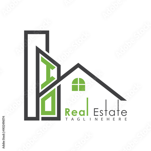 initial monogram logo for real estate with Home and Building shape creative design.	