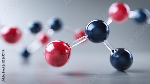 3D rendering of a molecule with red and blue balls on a grey background.