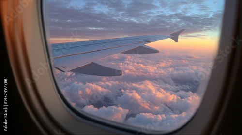 View from the window of an airplane, wing in view, clouds and sky in the background, beautiful sunset
