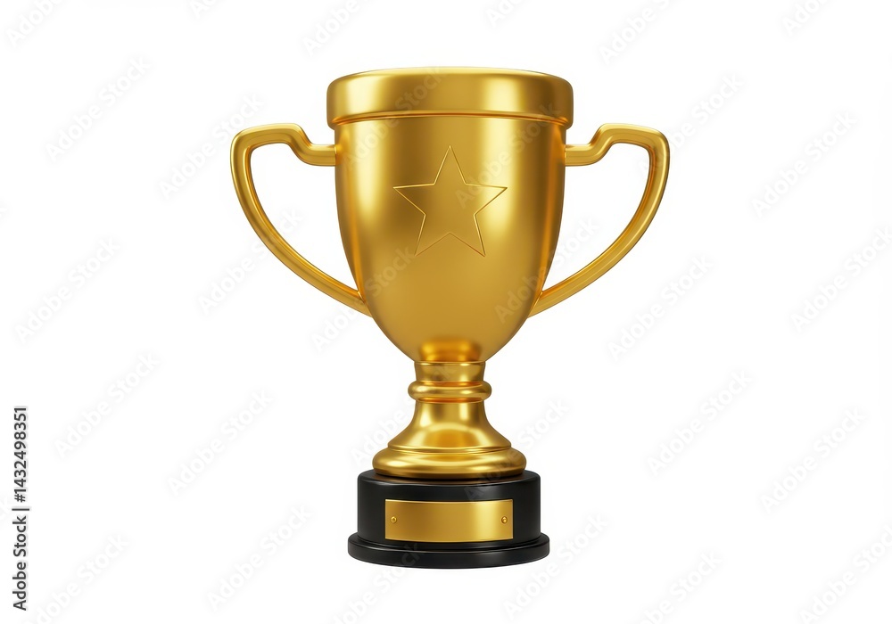 Golden trophy with a star emblem on a black base, symbolizing achievement and success against a clean white background Golden trophy with a star emblem on a black base, symbolizing achievement and success against a clean white background