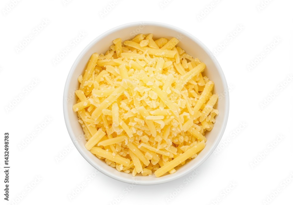 Overhead shot of a bowl filled with shredded cheddar cheese on a white background Overhead shot of a bowl filled with shredded cheddar cheese on a white background