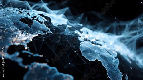 Abstract digital map of the world with global network connections, data transfer, and connectivity concept on a dark background. 