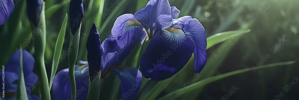 Purple Irises Bloom in Sunlight