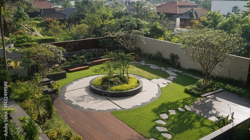 Serene garden design with circular beds and natural stone pathways in Asia