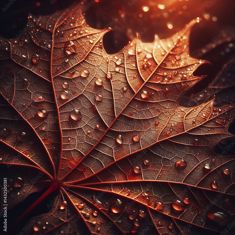 Fototapeta premium Close up of a veiny maple leaf with glistening raindrops
