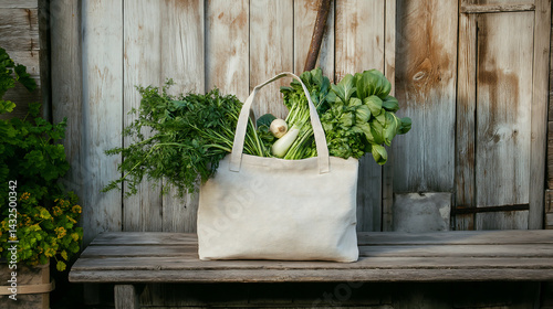Tote bag filled with organic vegerable placed on a wooden bench  photo