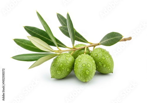 Wallpaper Mural Green olives on a branch with leaves and water droplets isolated on a white background Torontodigital.ca