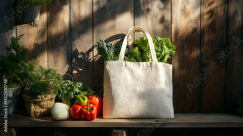 Tote bag filled with organic vegerable placed on a wooden bench  photo