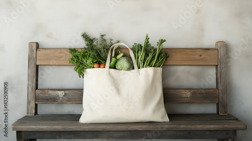 Tote bag filled with organic vegerable placed on a wooden bench  photo