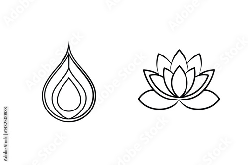 Lotus Flower And Waterdrop Outline Icons Minimalist Vector Illustration On White