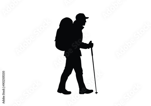 Hiker silhouette. This image shows a person hiking with a backpack and trekking pole, representing outdoor adventure and exploration. Vector clipart illustration design.
