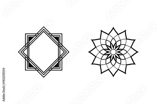 Geometric Design Elements Black Line Art Square Frame And Floral Mandala