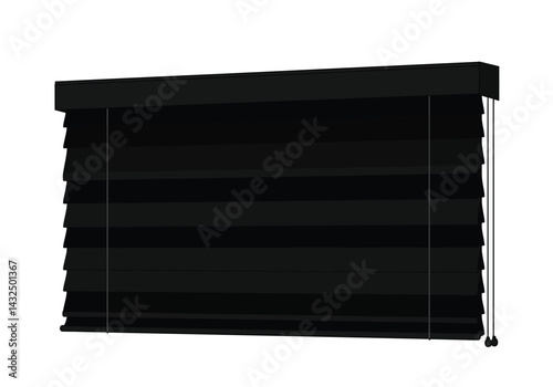 Hunter douglas silhouette. This image shows a black window blind with horizontal slats and pull cords, also known as window shades or blinds. Vector clipart illustration design.