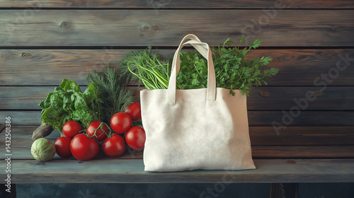 Tote bag filled with organic vegerable placed on a wooden bench  photo