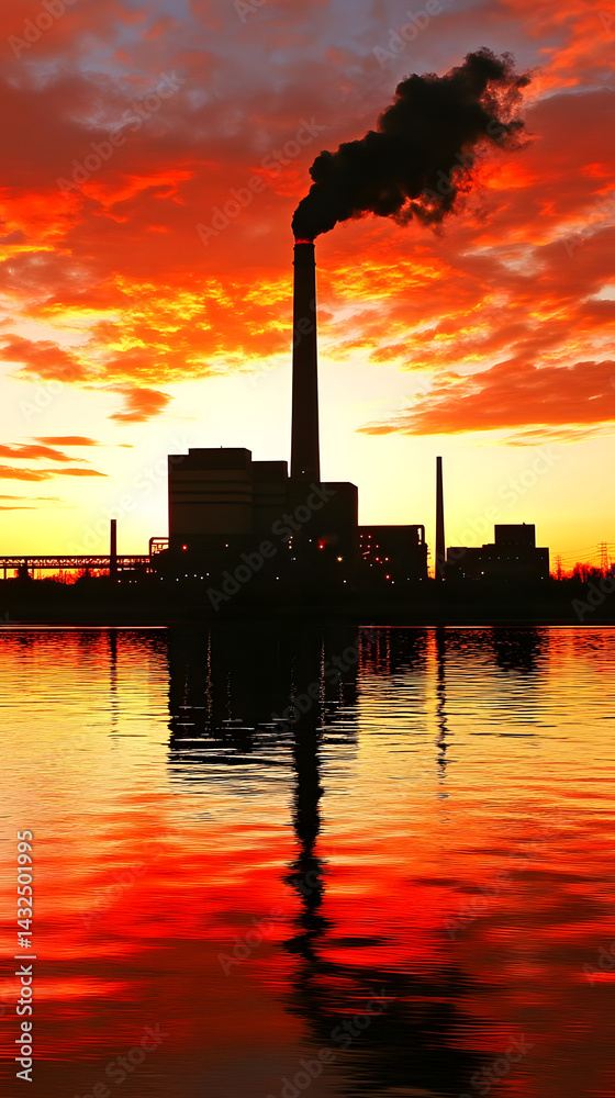 Factory Sunset: Smokestacks Reflecting Fiery Sky