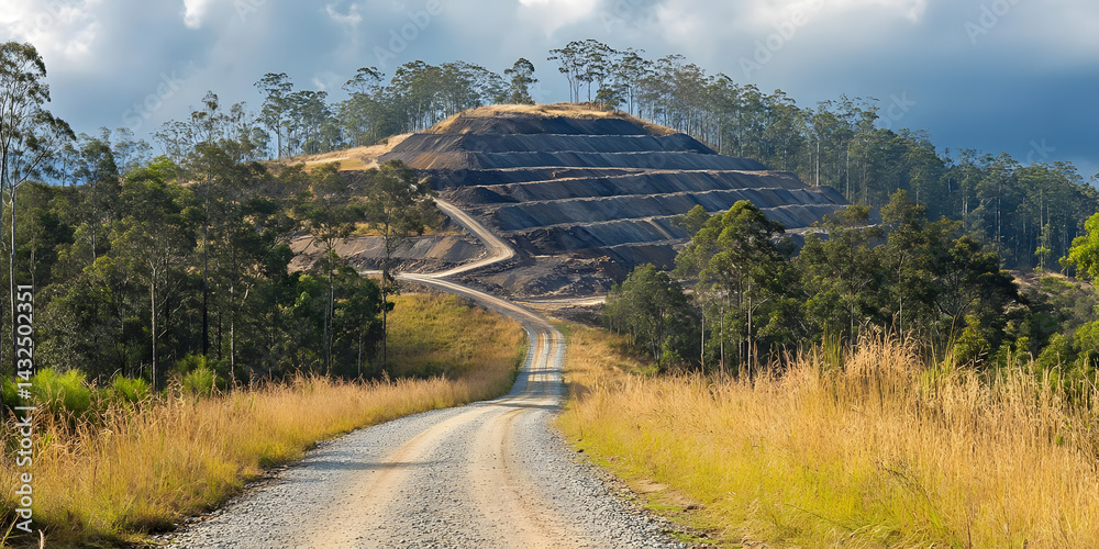 Gravel Road Leads to Mining Quarry Hillside