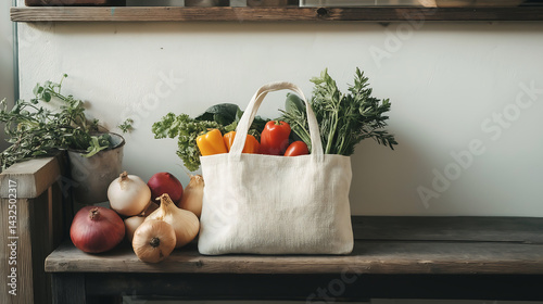 Tote bag filled with organic vegerable placed on a wooden bench  photo