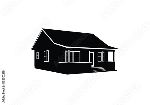Bungalow silhouette. This image shows a black and white vector clipart illustration design of a bungalow house silhouette with a porch, steps, and windows. Vector clipart illustration design.