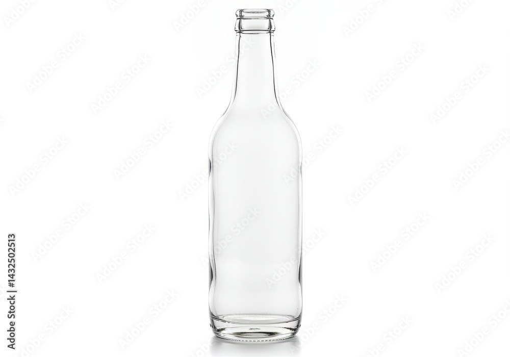 Empty clear glass bottle stands upright on a white surface, ready for filling or reuse Empty clear glass bottle stands upright on a white surface, ready for filling or reuse