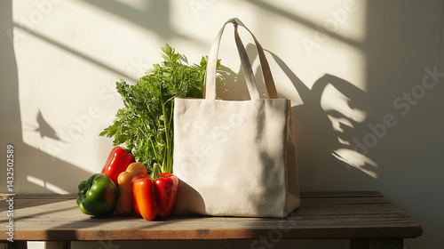 Tote bag filled with organic vegerable placed on a wooden bench  photo