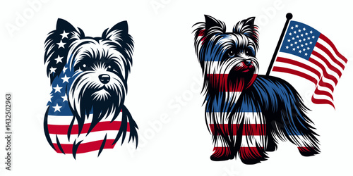 Yorkshire Terrier Dog with american flag. Funny Animal Vector Clip art. Patriotic yorkie canine old glory banner image.