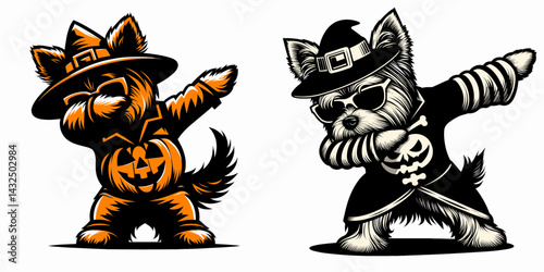 Yorkshire Terrier Dog wear halloween costume and pose dabbing. Funny Animal Vector Clip art. Tiny yorkie canine attire trick-or-treat dab posture.