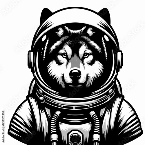 Wolf in astronaut costume. Funny Animal Vector Clip art. Canine spaceman garment cosmos canine dog jumpsuit.