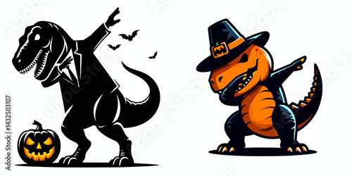 T rex wear halloween costume and pose dabbing. Funny Animal Vector Clip art. Dinosaur attire trick or treat garb do cute comical jig.