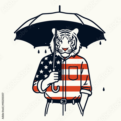 tiger wear american flag Sharing an umbrella. Funny Animal Vector Clip art. Feline donning patriot banner holding parasol aloft.