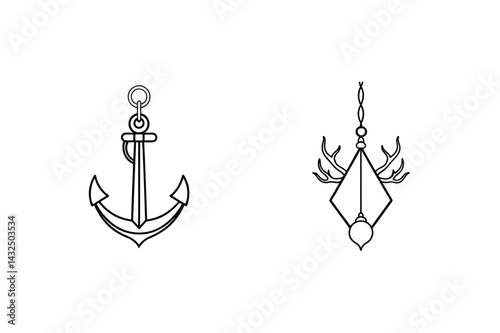 Nautical Anchor And Decorative Ornament Line Art Design Elements Illustration