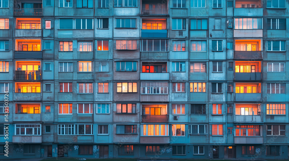 Soviet-era apartment building with glowing windows at sunset, creating a warm contrast to the cold urban facade. Soviet-era apartment building with glowing windows at sunset, creating a warm contrast to the cold urban facade.