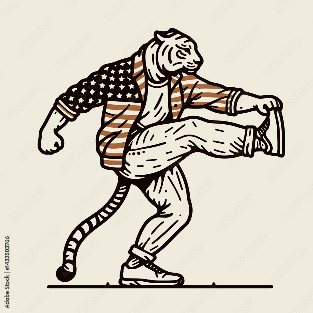 Fototapeta premium tiger wear american flag Exercising. Funny Animal Vector Clip art. Feline patriot workout usa apparel fitness routine.