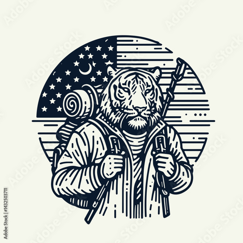 tiger wear american flag hiking. Funny Animal Vector Clip art. Feline attire patriotic banner trek nature exploration.